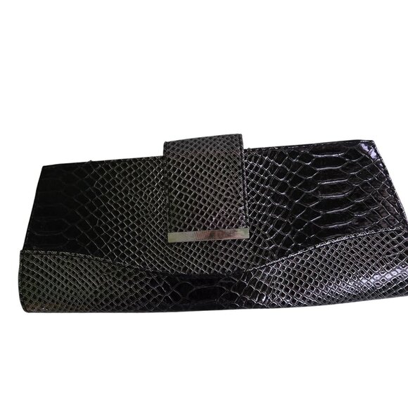 Faux Leather Croc Embossed Clutch Kiss Lock Silver Hardware 10.5"x5" - Picture 2 of 7